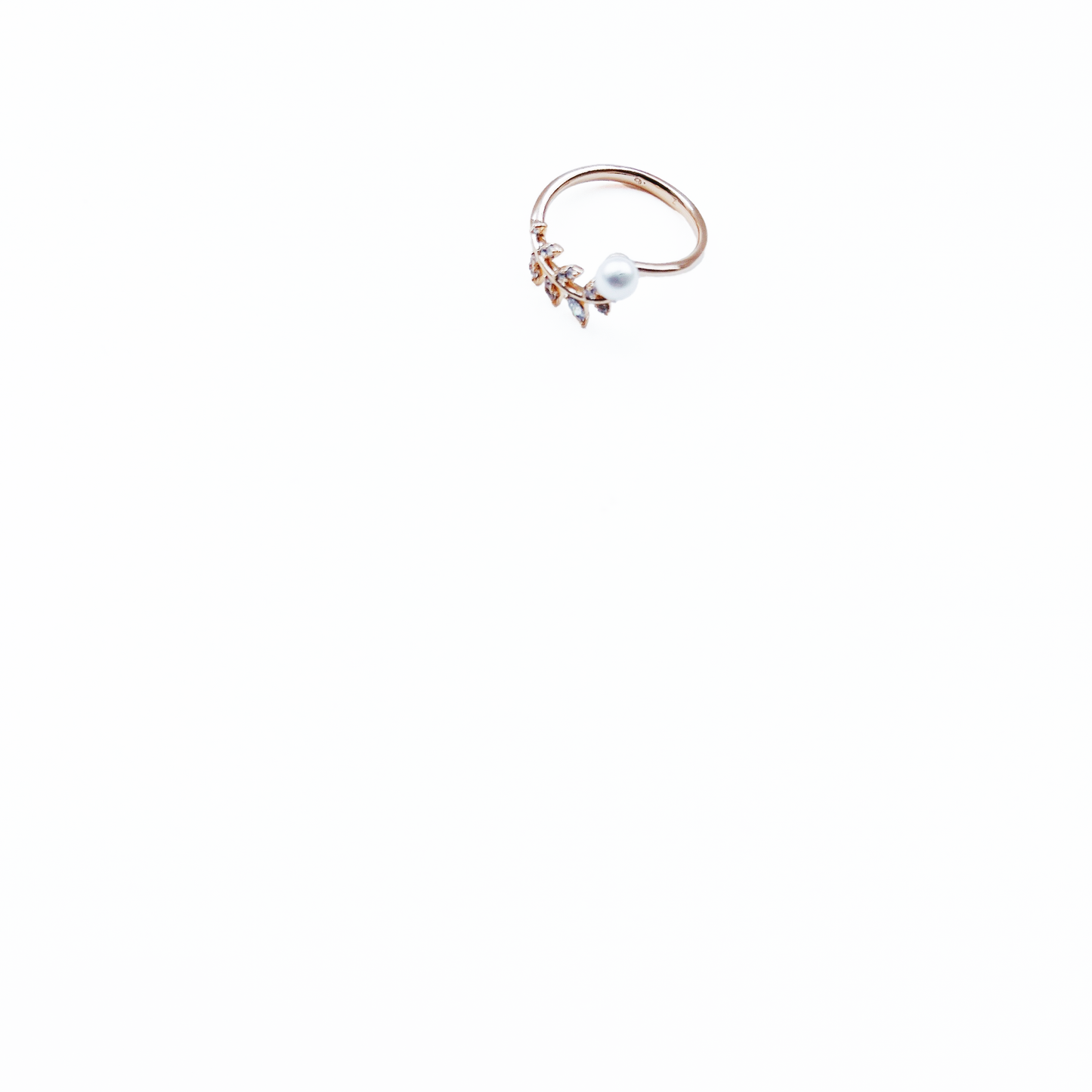 Elegant leaf ring in pink gold tone with dainty pearl and adjustable design by Hikaru Pearl