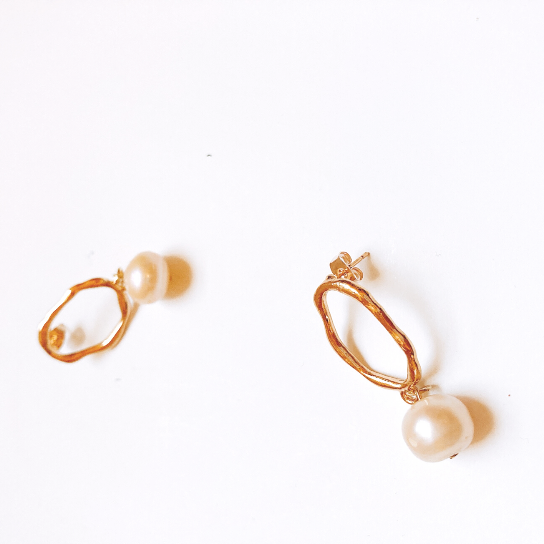 Irregular Hoop with big freshwater natural pink pearl earring, pearl earring by Hikaru Pearl