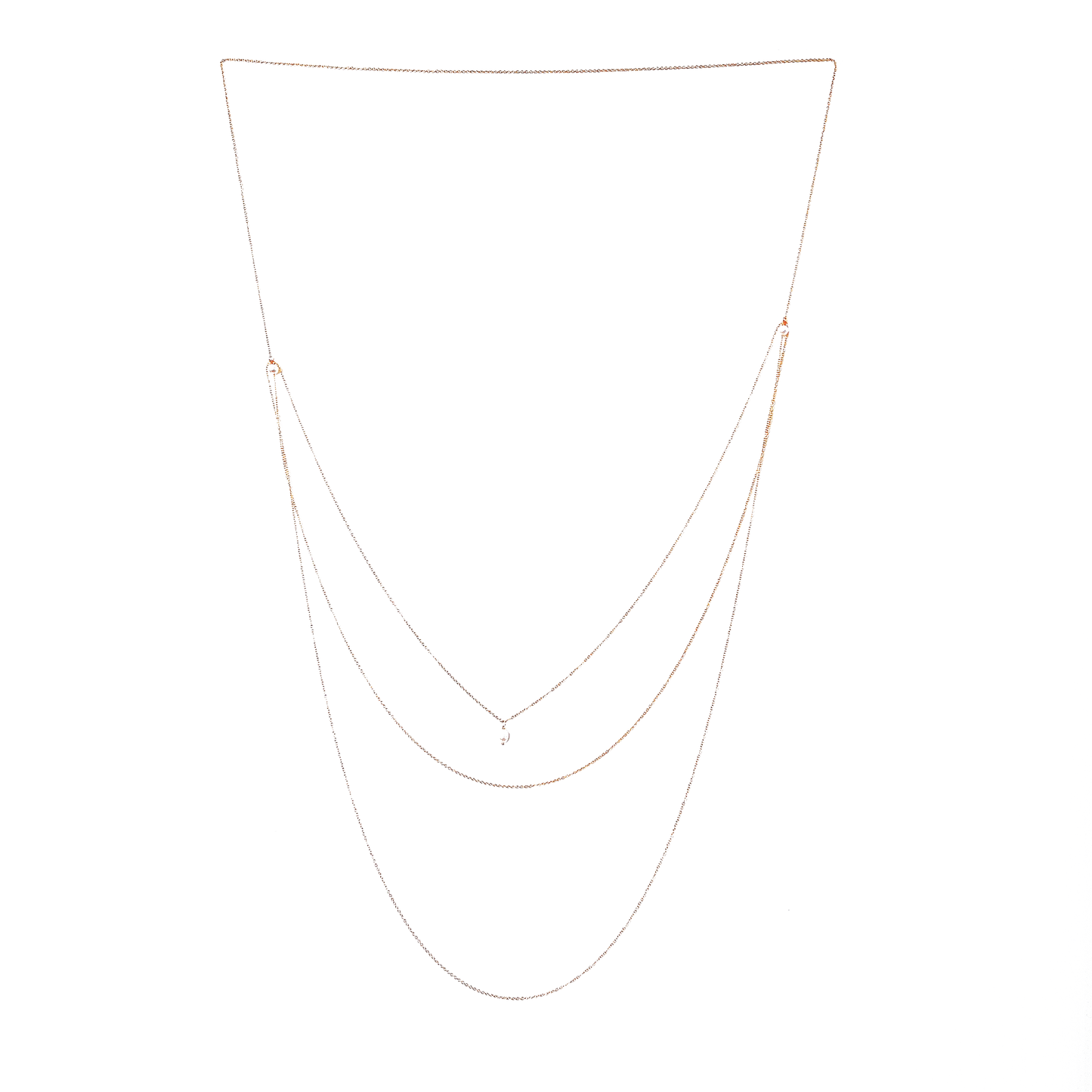 Front and back long necklace featuring three loops with white pearl accents.