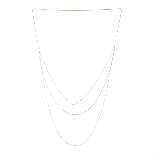 Front and back long necklace featuring three loops with white pearl accents.