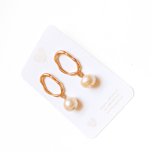 Irregular Hoop with big freshwater natural pink pearl earring, pearl earring by Hikaru Pearl