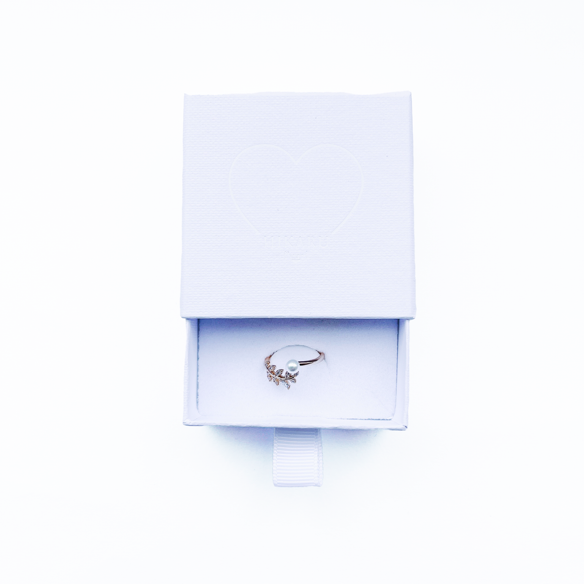 Elegant leaf ring in pink gold tone with dainty pearl and adjustable design by Hikaru Pearl
