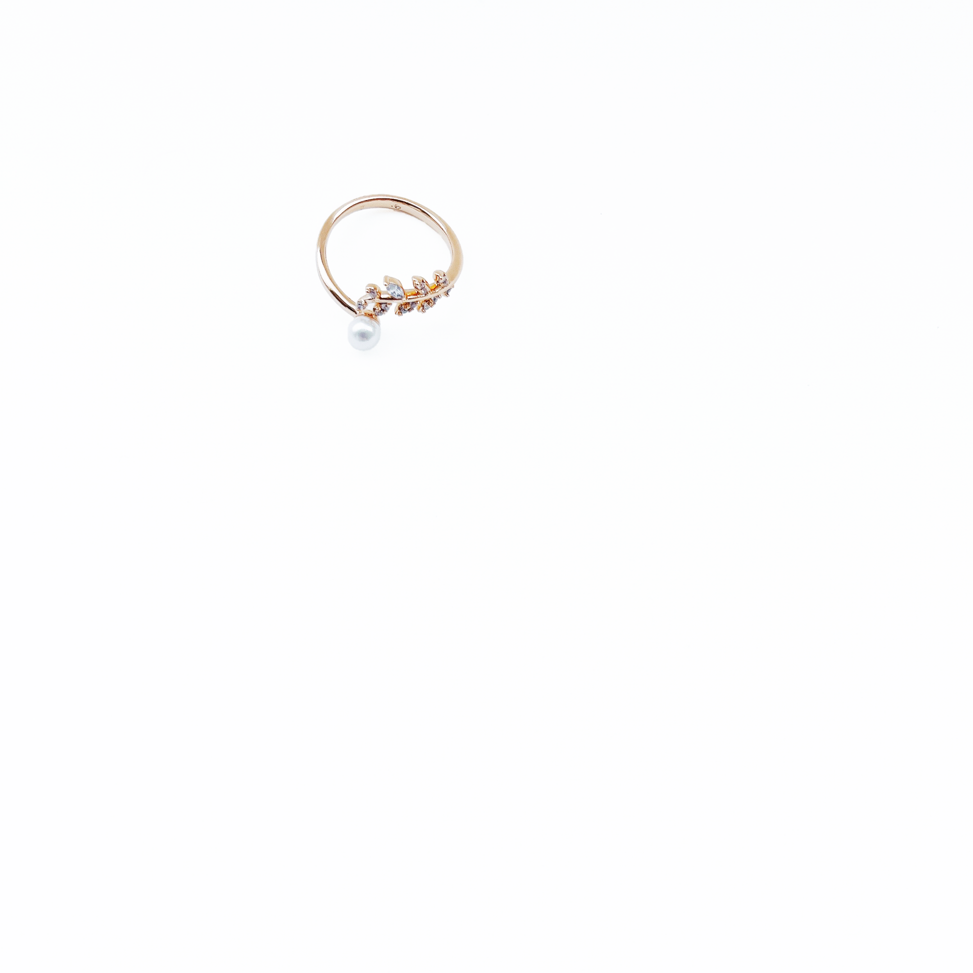 Elegant leaf ring in pink gold tone with dainty pearl and adjustable design by Hikaru Pearl