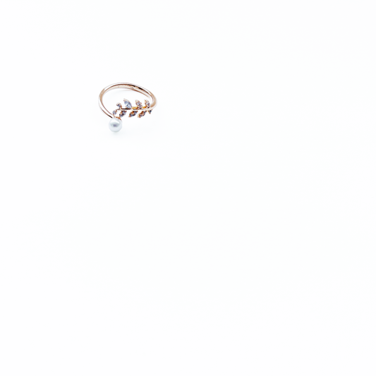 Elegant leaf ring in pink gold tone with dainty pearl and adjustable design by Hikaru Pearl