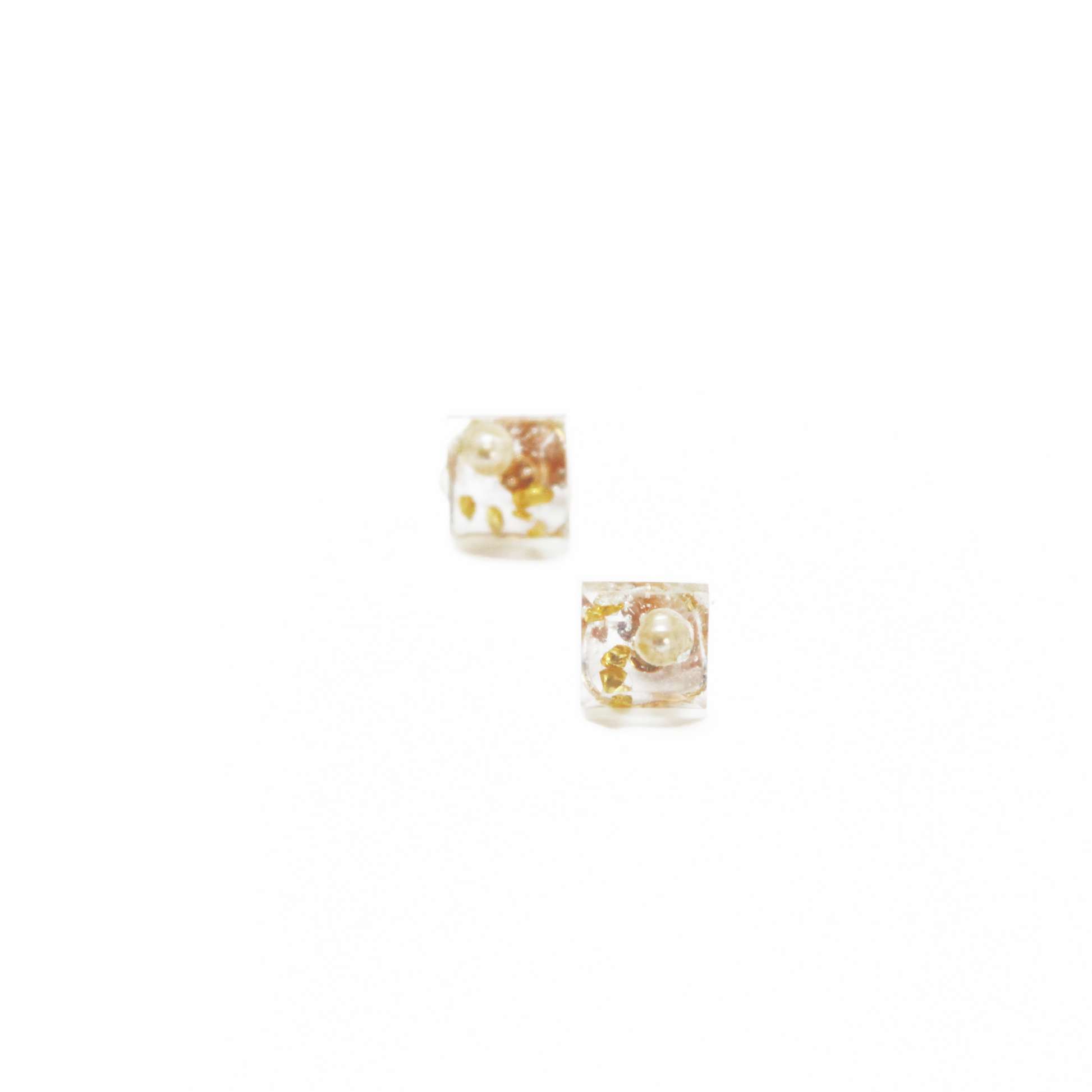 Transparent Square resin art earring with freshwater pearl and golden stones, 14k gold filled by Hikaru Pearl