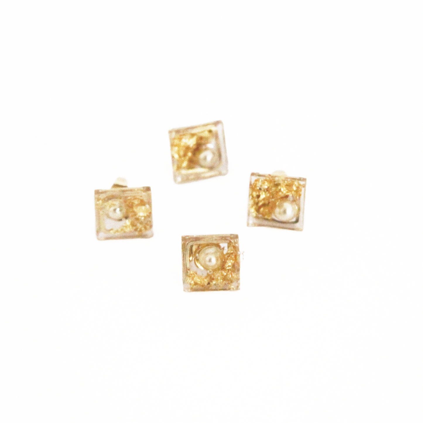 Transparent Square resin art earring with freshwater pearl and golden stones, 14k gold filled by Hikaru Pearl