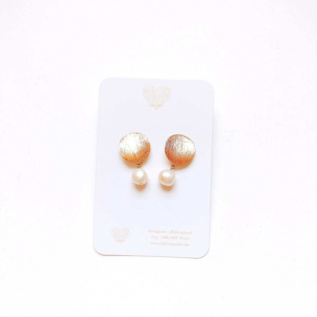 Golden plated Circle with white freshwater pearl, pearl earring by Hikaru Pearl