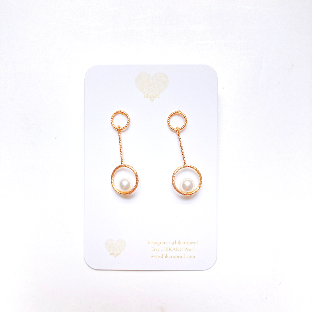Earring of two circle golden plated with pearl, pearl earrings by Hikaru Pearl