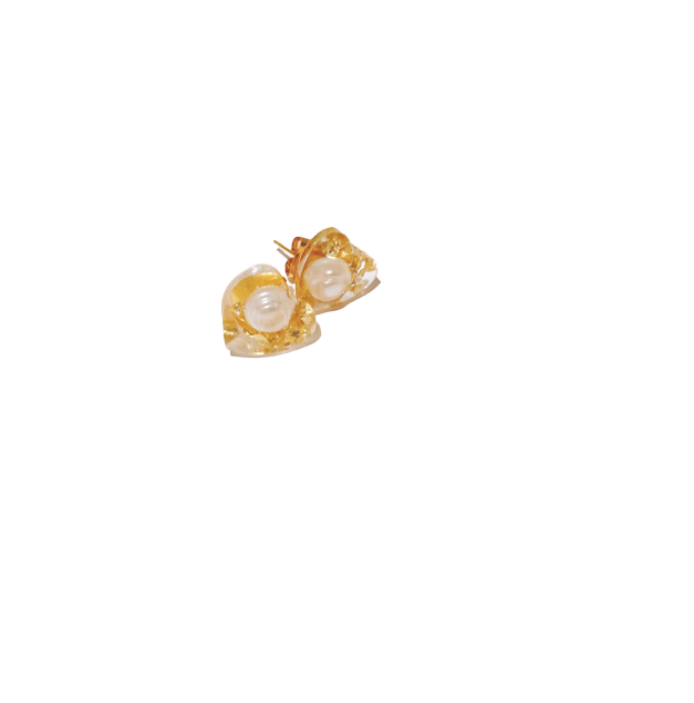 Tiny heart shape of Resin Art earring with a small freshwater pearl and golden leaf, 14k gold filled by Hikaru Pearl